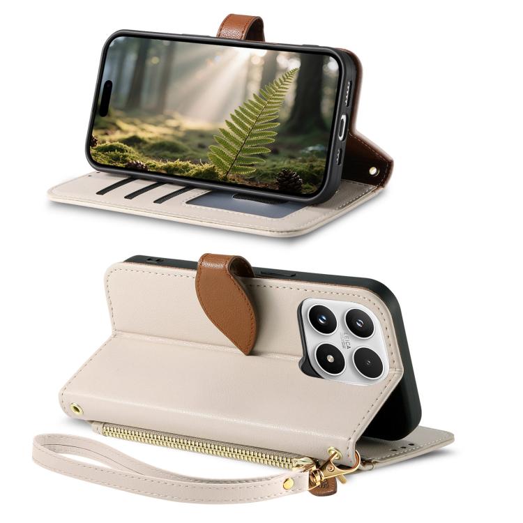For Xiaomi 17 Leaf Buckle Zipper Wallet Leather Phone Case with Strap