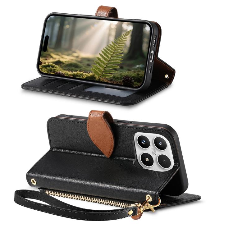 For Xiaomi 17 Leaf Buckle Zipper Wallet Leather Phone Case with Strap