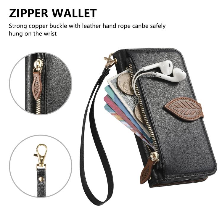 For Xiaomi 17 Leaf Buckle Zipper Wallet Leather Phone Case with Strap