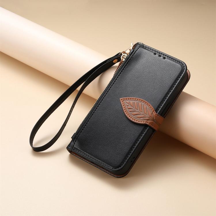 For Xiaomi 17 Leaf Buckle Zipper Wallet Leather Phone Case with Strap
