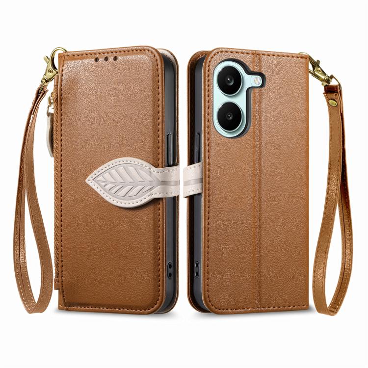 For Redmi Turbo 5 5G Leaf Buckle Zipper Wallet Leather Phone Case with Strap