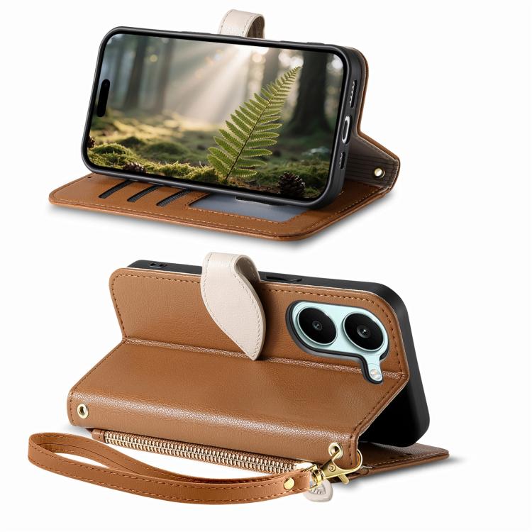 For Redmi Turbo 5 5G Leaf Buckle Zipper Wallet Leather Phone Case with Strap