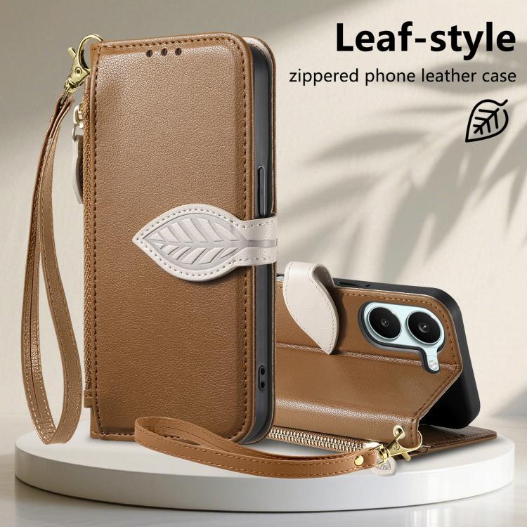 For Redmi Turbo 5 5G Leaf Buckle Zipper Wallet Leather Phone Case with Strap