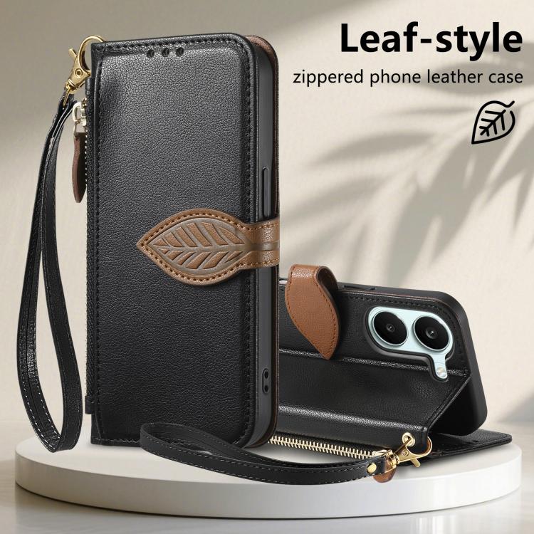 For Redmi Turbo 5 5G Leaf Buckle Zipper Wallet Leather Phone Case with Strap