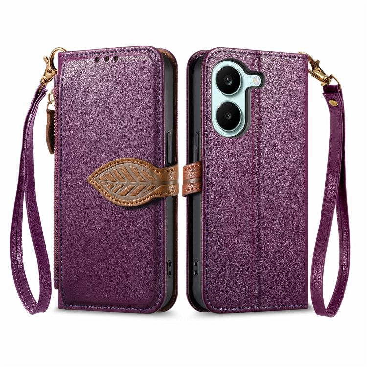 For Xiaomi Poco X8 Pro 5G Leaf Buckle Zipper Wallet Leather Phone Case with Strap