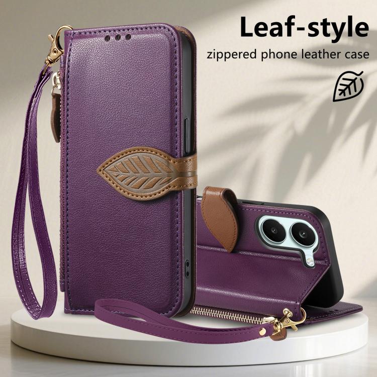 For Xiaomi Poco X8 Pro 5G Leaf Buckle Zipper Wallet Leather Phone Case with Strap