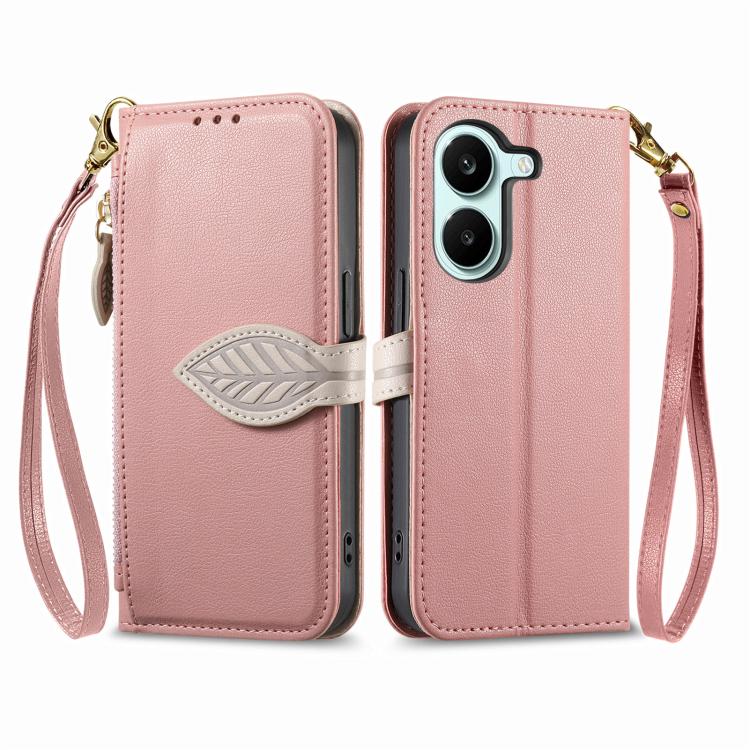 For Xiaomi Poco X8 Pro 5G Leaf Buckle Zipper Wallet Leather Phone Case with Strap