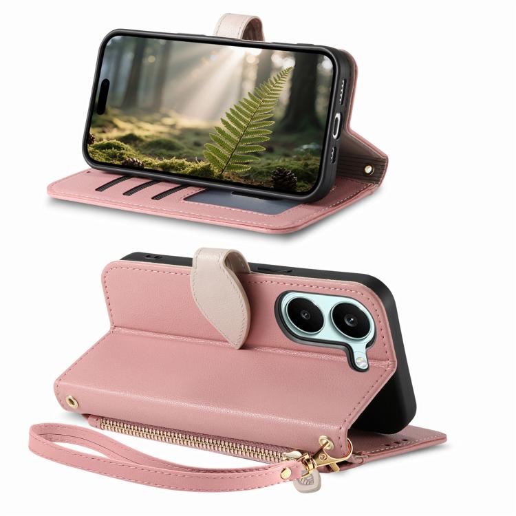 For Xiaomi Poco X8 Pro 5G Leaf Buckle Zipper Wallet Leather Phone Case with Strap