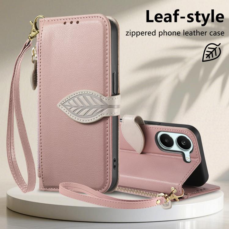 For Xiaomi Poco X8 Pro 5G Leaf Buckle Zipper Wallet Leather Phone Case with Strap