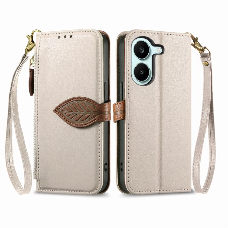 For Xiaomi Poco X8 Pro 5G Leaf Buckle Zipper Wallet Leather Phone Case with Strap