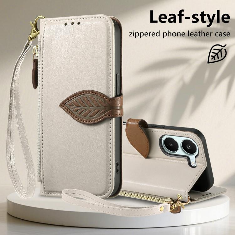 For Xiaomi Poco X8 Pro 5G Leaf Buckle Zipper Wallet Leather Phone Case with Strap