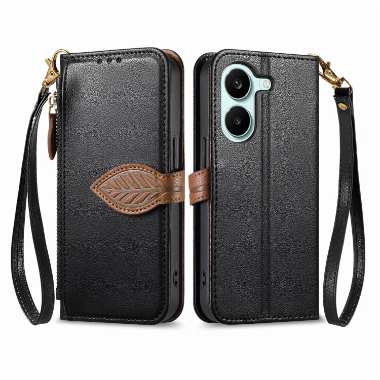 For Xiaomi Poco X8 Pro 5G Leaf Buckle Zipper Wallet Leather Phone Case with Strap