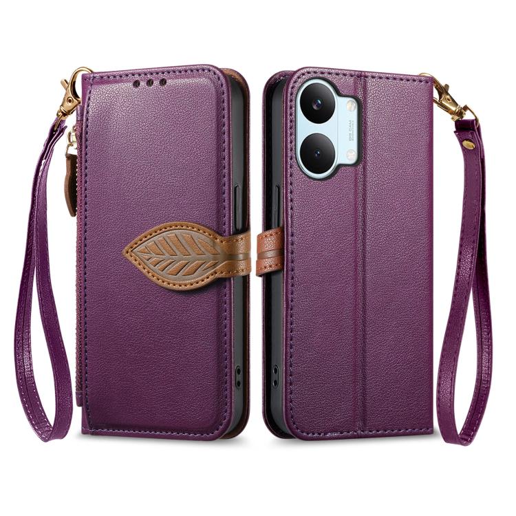 For Redmi Turbo 5 Max 5G Leaf Buckle Zipper Wallet Leather Phone Case with Strap