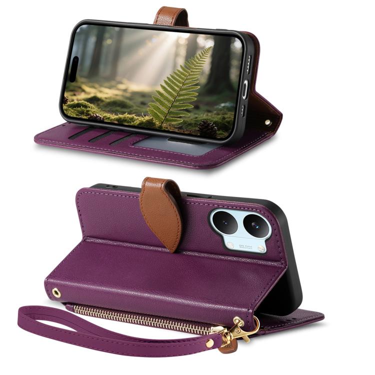 For Redmi Turbo 5 Max 5G Leaf Buckle Zipper Wallet Leather Phone Case with Strap