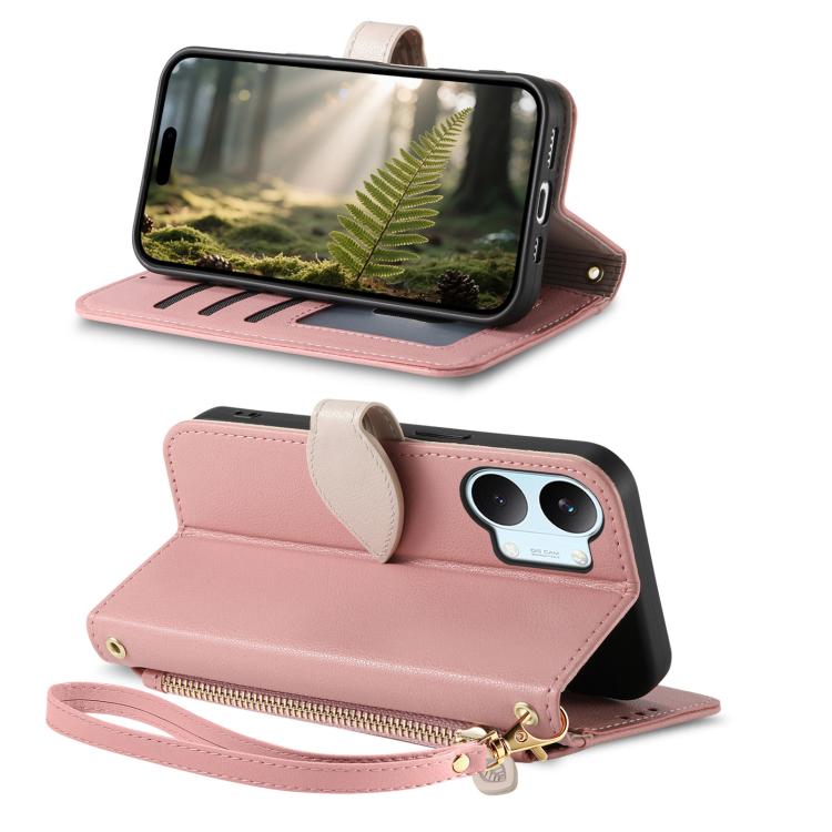 For Redmi Turbo 5 Max 5G Leaf Buckle Zipper Wallet Leather Phone Case with Strap