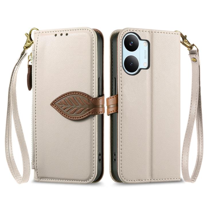 For Redmi Turbo 5 Max 5G Leaf Buckle Zipper Wallet Leather Phone Case with Strap