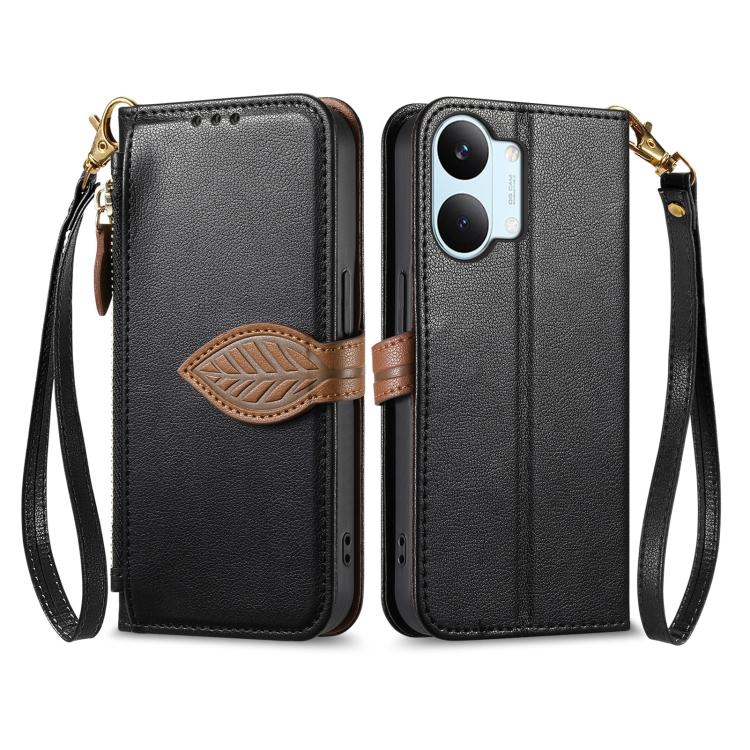 For Redmi Turbo 5 Max 5G Leaf Buckle Zipper Wallet Leather Phone Case with Strap