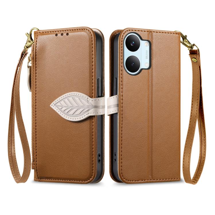 For Xiaomi Poco X8 Pro Max 5G Leaf Buckle Zipper Wallet Leather Phone Case with Strap
