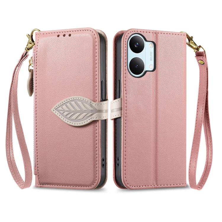 For Xiaomi Poco X8 Pro Max 5G Leaf Buckle Zipper Wallet Leather Phone Case with Strap