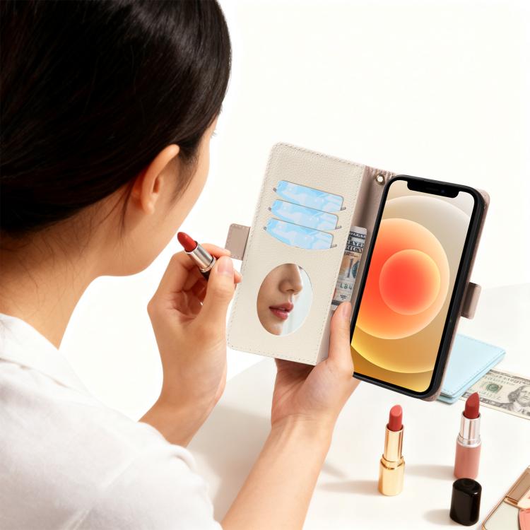 For iPhone 12 Litchi Texture Wallet Mirror Leather Phone Case
