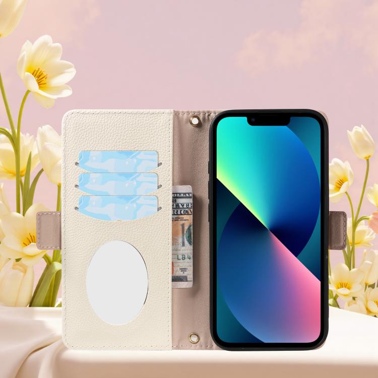 For iPhone 13 Litchi Texture Wallet Mirror Leather Phone Case