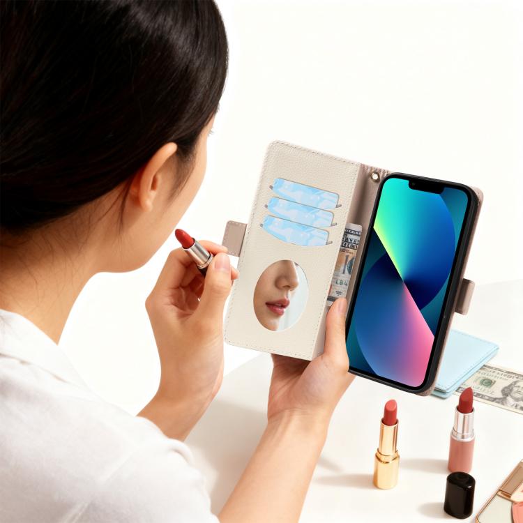 For iPhone 13 Litchi Texture Wallet Mirror Leather Phone Case