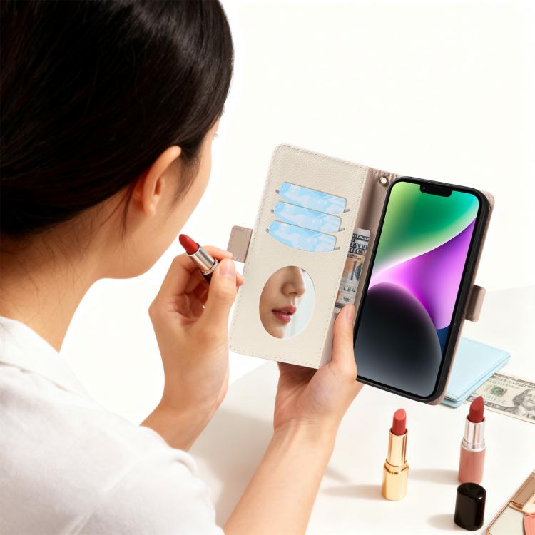 For iPhone 14 Litchi Texture Wallet Mirror Leather Phone Case
