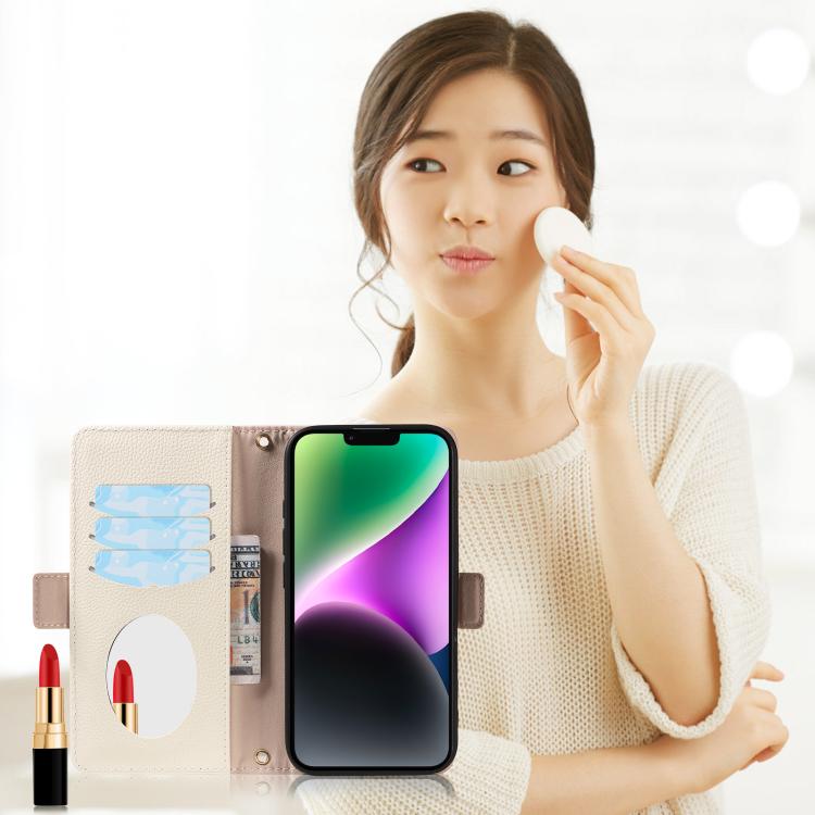 For iPhone 14 Litchi Texture Wallet Mirror Leather Phone Case