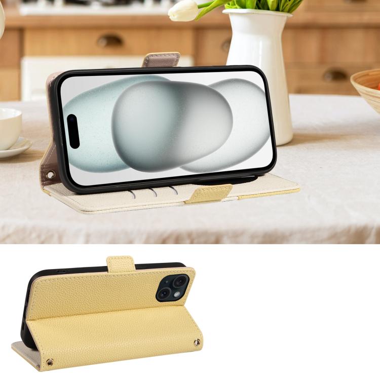 For iPhone 15 Litchi Texture Wallet Mirror Leather Phone Case