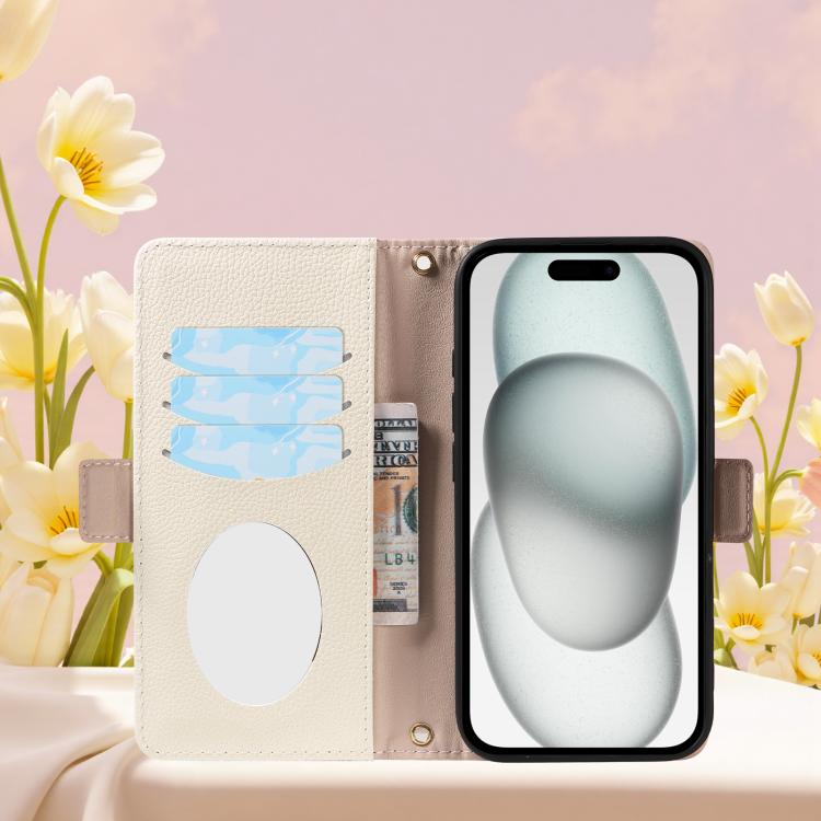 For iPhone 15 Litchi Texture Wallet Mirror Leather Phone Case