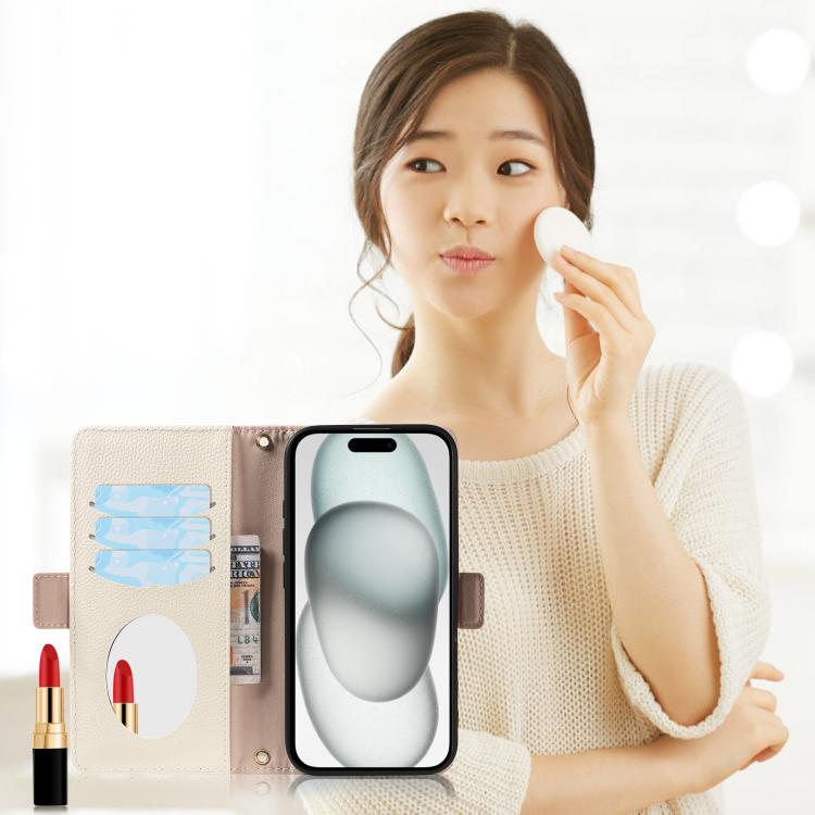 For iPhone 15 Litchi Texture Wallet Mirror Leather Phone Case