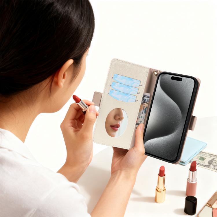 For iPhone 15 Pro Litchi Texture Wallet Mirror Leather Phone Case