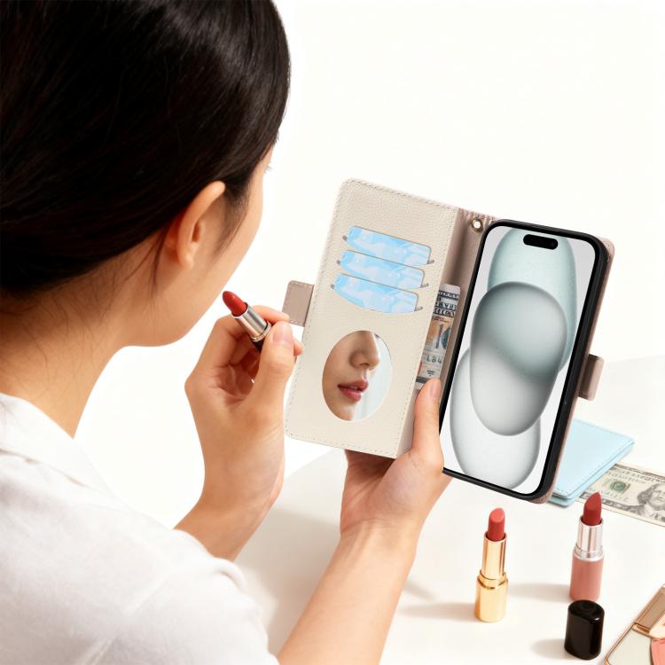 For iPhone 15 Plus Litchi Texture Wallet Mirror Leather Phone Case