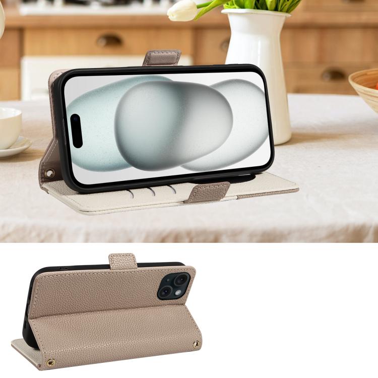 For iPhone 15 Plus Litchi Texture Wallet Mirror Leather Phone Case