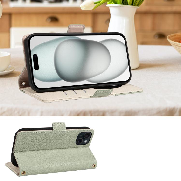 For iPhone 15 Plus Litchi Texture Wallet Mirror Leather Phone Case