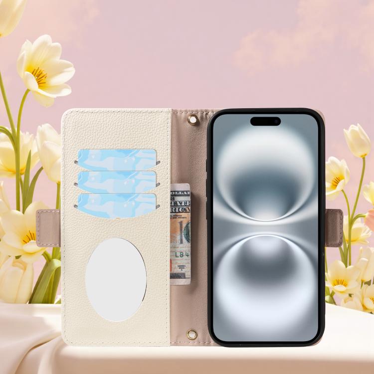 For iPhone 16 Litchi Texture Wallet Mirror Leather Phone Case