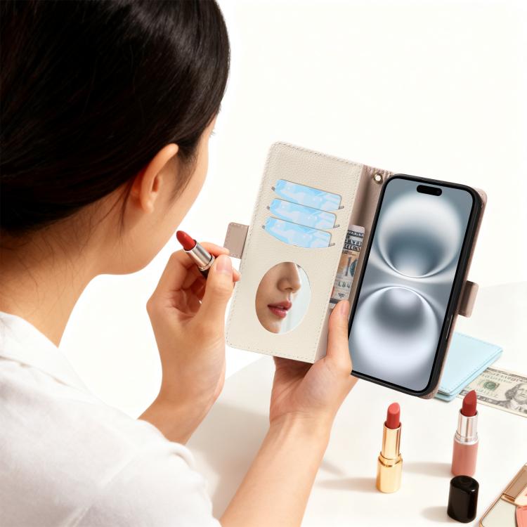 For iPhone 16 Litchi Texture Wallet Mirror Leather Phone Case