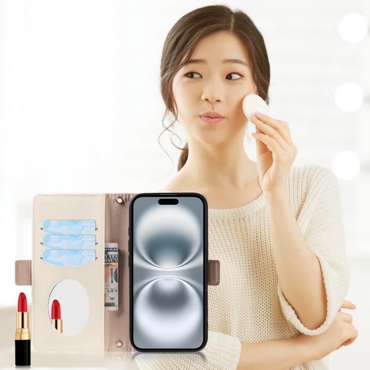 For iPhone 16 Plus Litchi Texture Wallet Mirror Leather Phone Case
