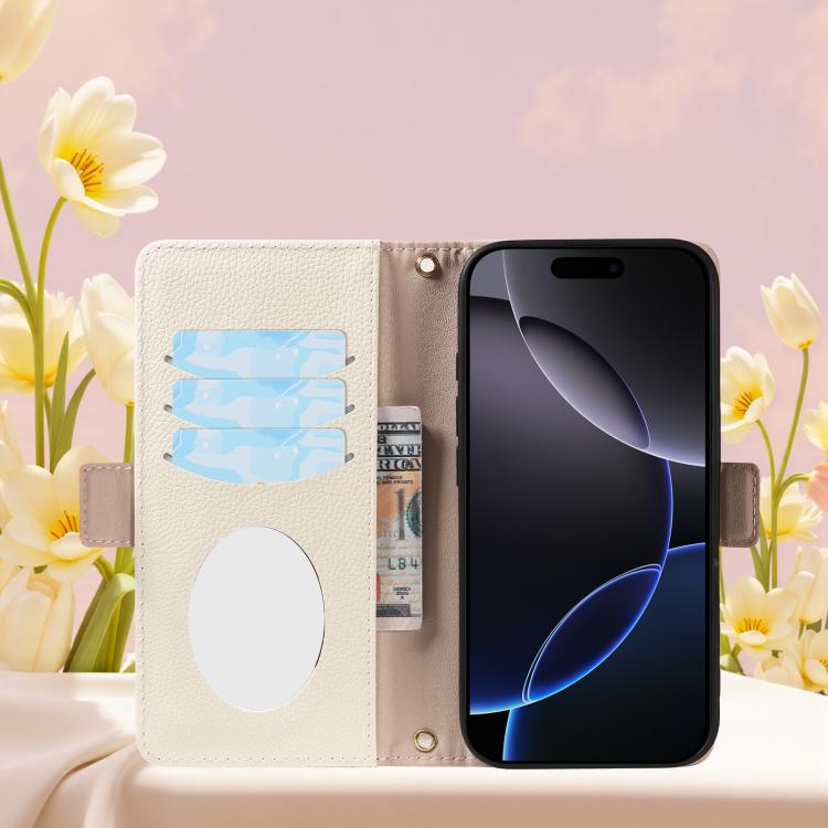 For iPhone 16 Pro Litchi Texture Wallet Mirror Leather Phone Case