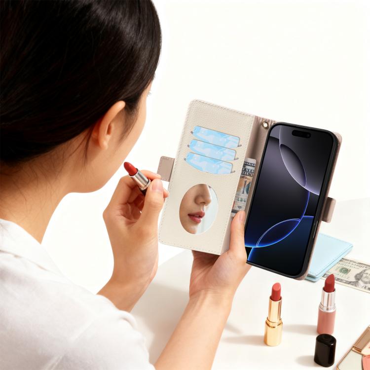 For iPhone 16 Pro Max Litchi Texture Wallet Mirror Leather Phone Case