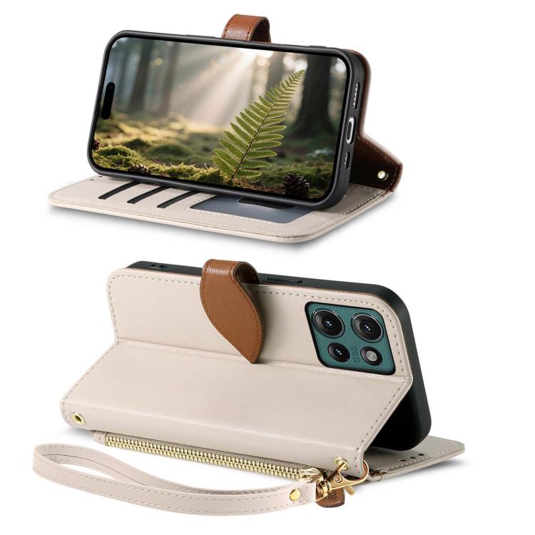 For Motorola Moto Edge 2024 Leaf Buckle Zipper Wallet Leather Phone Case with Strap