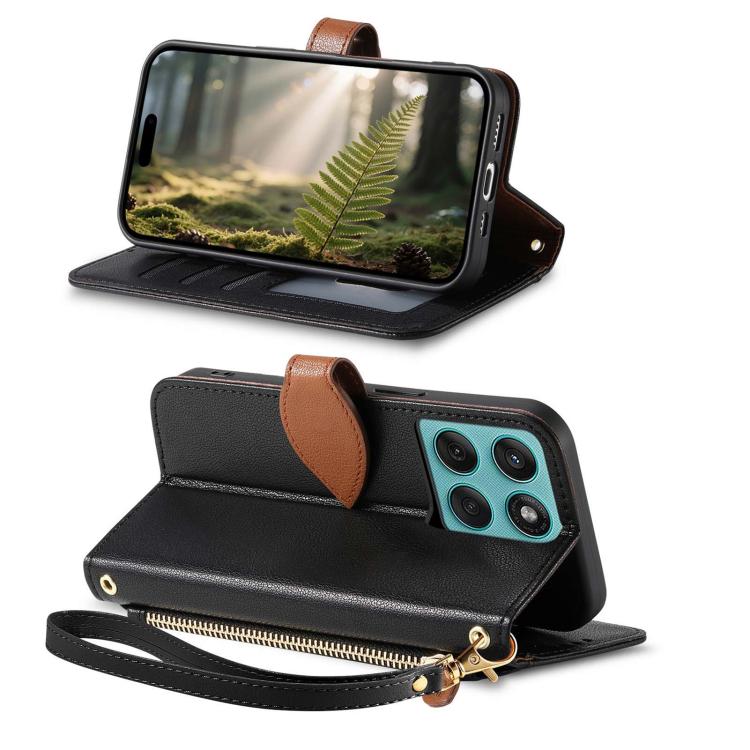For Motorola Moto Edge 60 Pro Leaf Buckle Zipper Wallet Leather Phone Case with Strap