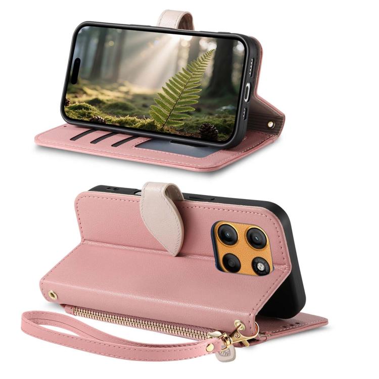 For Motorola Moto G15 / G15 Power Leaf Buckle Zipper Wallet Leather Phone Case with Strap
