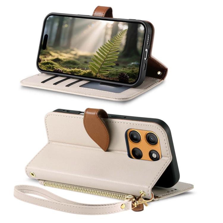 For Motorola Moto G15 / G15 Power Leaf Buckle Zipper Wallet Leather Phone Case with Strap