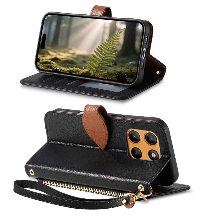 For Motorola Moto G15 / G15 Power Leaf Buckle Zipper Wallet Leather Phone Case with Strap