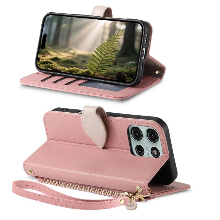 For Motorola Moto G75 Leaf Buckle Zipper Wallet Leather Phone Case with Strap