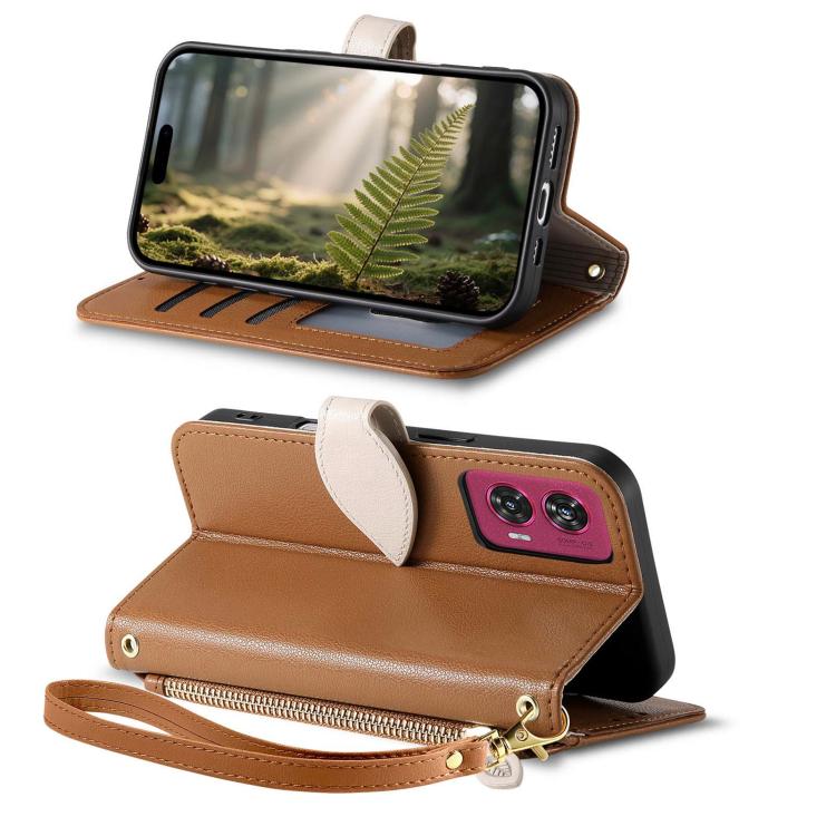 For Motorola Moro Edge 50 Fusion Leaf Buckle Zipper Wallet Leather Phone Case with Strap