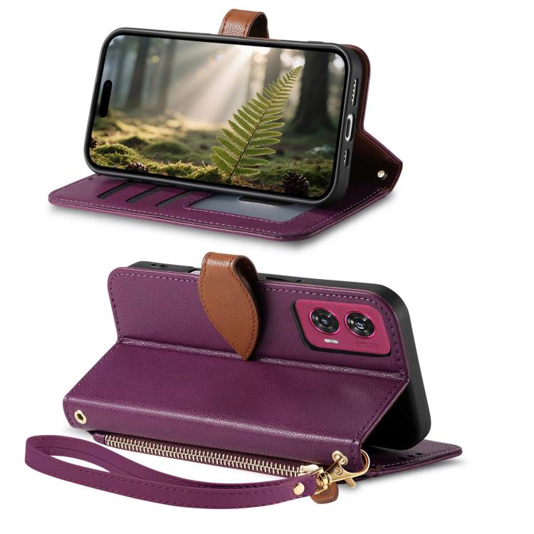 For Motorola Moro Edge 50 Fusion Leaf Buckle Zipper Wallet Leather Phone Case with Strap