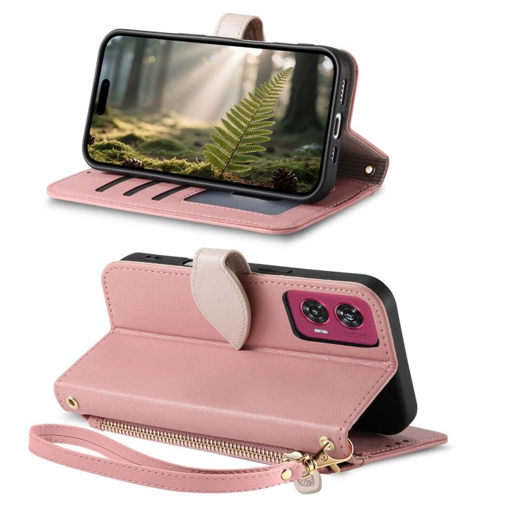 For Motorola Moro Edge 50 Fusion Leaf Buckle Zipper Wallet Leather Phone Case with Strap