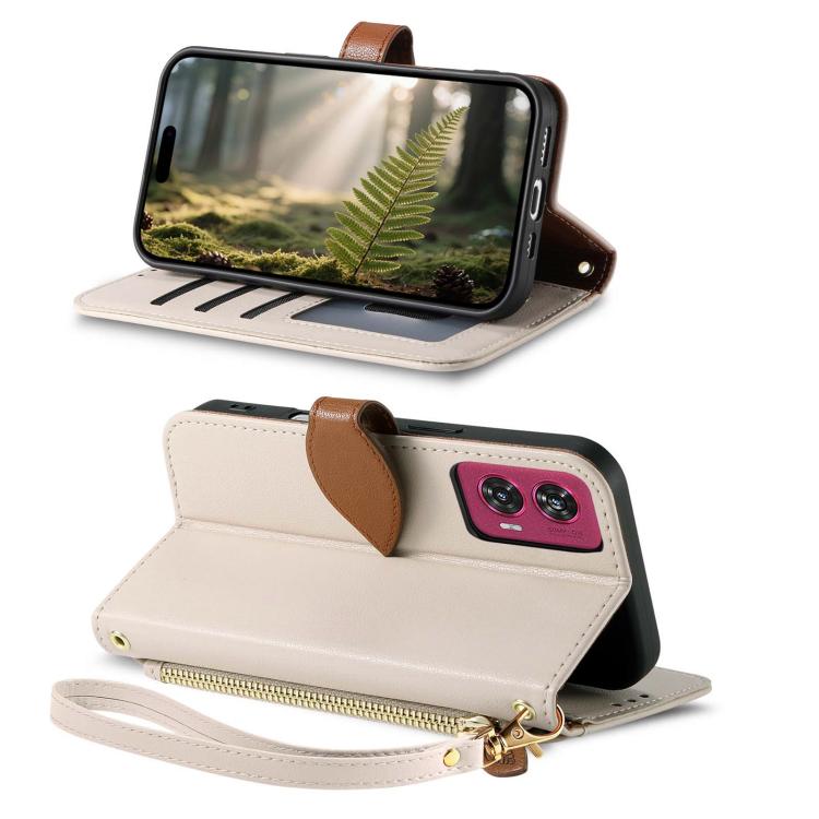 For Motorola Moro Edge 50 Fusion Leaf Buckle Zipper Wallet Leather Phone Case with Strap